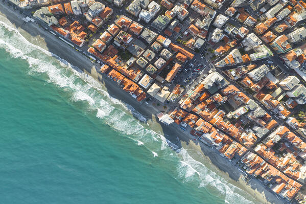 aerial vertical view taken by drone of Alassio during a sunny spring day, Savona province, Liguria, Italy, Europe