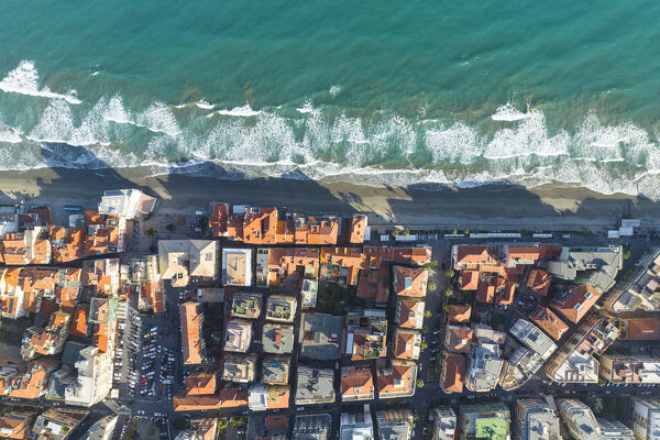 aerial vertical view taken by drone of Alassio during a sunny spring day, Savona province, Liguria, Italy, Europe