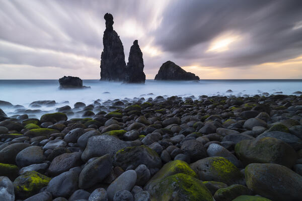 A long exposure to capture the light during a spring sunrise at Praia da Ribeira da Janela, Porto Moniz, Madeira Island, Portugal, Europe