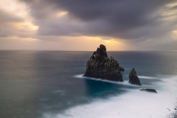 A long exposure to capture the light during a spring sunrise at Praia da Ribeira da Janela, Porto Moniz, Madeira Island, Portugal, Europe