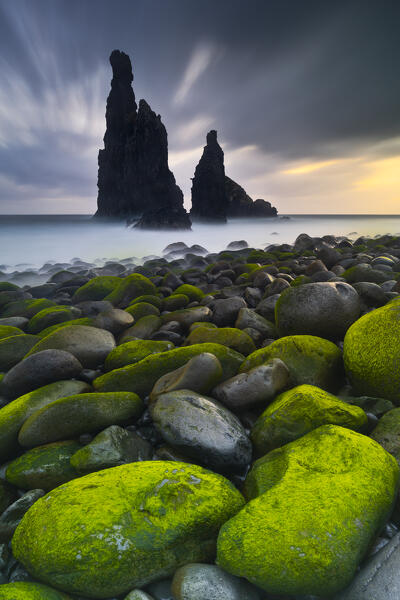 A long exposure to capture the light during a spring sunrise at Praia da Ribeira da Janela, Porto Moniz, Madeira Island, Portugal, Europe