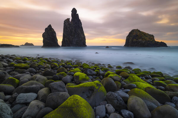 A long exposure to capture the light during a spring sunset at Praia da Ribeira da Janela, Porto Moniz, Madeira Island, Portugal, Europe