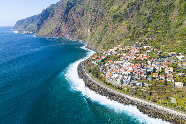 aerial view taken by drone of the little touristic village of Jardim do Mar during a sunny spring day, Madeira, Portugal, Europe