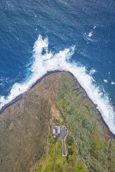 aerial vertical view of the beautiful Farol da Ponta do Pargo during a spring sunset, Madeira, Portugal, Europe