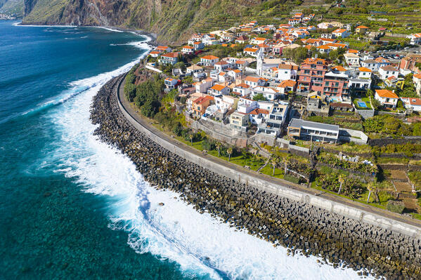 aerial view taken by drone of the little touristic village of Jardim do Mar during a sunny spring day, Madeira, Portugal, Europe