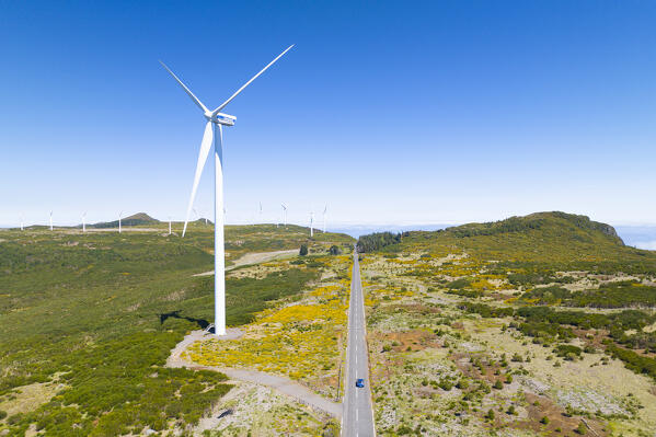 the wind farm for the production of renewable energy made in the mountains of Madeira, during a sunny spring day, Madeira, Portugal, Europe