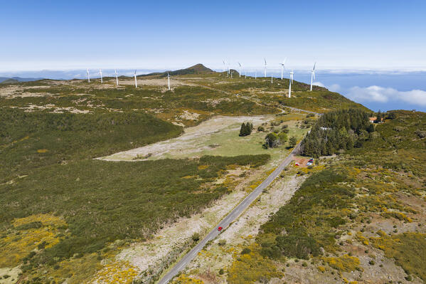 the wind farm for the production of renewable energy made in the mountains of Madeira, during a sunny spring day, Madeira, Portugal, Europe