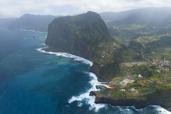 Aerial view taken from a drone of Miradouro do Guindaste during a spring sunny, Madeira, Portugal, Europe