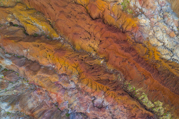 aerial view taken from the drone of a particular conformation of  multi-color land in the Sao Lourenco peninsula, Funchal, Madeira, Portugal, Europe
