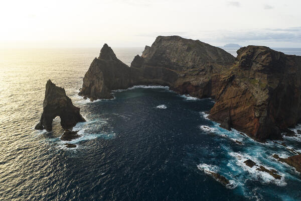 aerial view taken by drone of Sao Lourenco peninsula during a spring sunrise, Madeira, Portugal, Europe