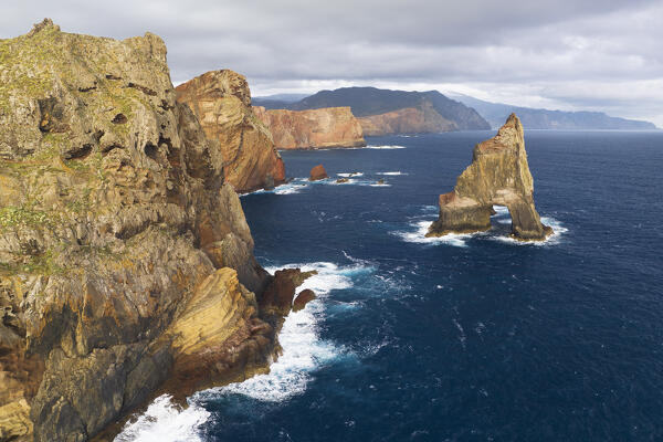 aerial view taken by drone of Sao Lourenco peninsula during a spring sunrise, Madeira, Portugal, Europe