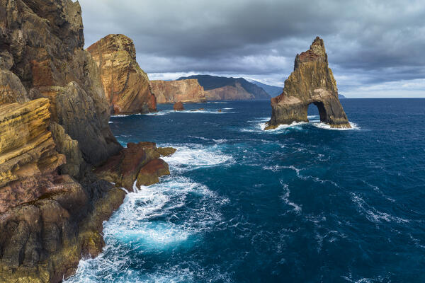 aerial view taken by drone of Sao Lourenco peninsula during a spring sunrise, Madeira, Portugal, Europe