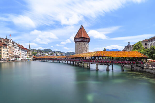 View of the Kapellbrücke bridge over the Reuss river, during a sunny summer day, Lucerne, canton of Lucerne, Switzerland