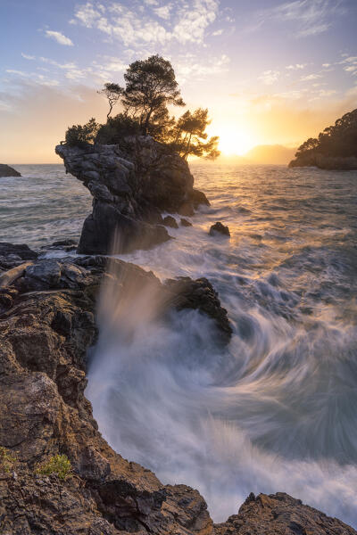 the waves create a vortex along the cliffs near Tellaro, municipality of Lerici, La Spezia province, Liguria district, Italy, Europe