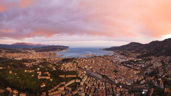 aerial view taken by drone of the beautiful city of La Spezia, during the warm sunset, La Spezia, Liguria, Italy, Europe