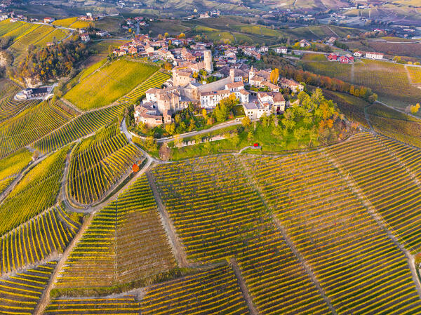 aerial view taken from the drone of the Langhe vineyards and Castiglione Falletto village, during a beautiful autumn day, Unesco World Heritage Site, Cuneo province, Liguria, Italy, Europe