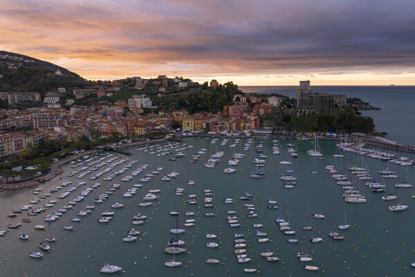 aerial view taken by drone of iconic village of Lerici during a sunrise, La Spezia province, Liguria, Italy, Europe