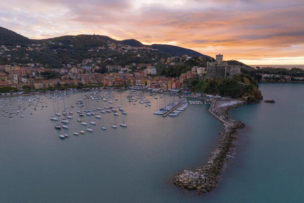 aerial view taken by drone of iconic village of Lerici during a sunrise, La Spezia province, Liguria, Italy, Europe