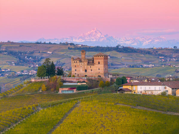 aerial view taken by drone of Grinzane Cavour castle during an autumn sunrise, Langhe, Unesco World Heritage site, Piedmont, Italy, Europe