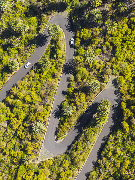 aerial view taken from the drone of cars driving along one of the winding mountain roads during a sunny day, Tenerife, Canary Island, Spain, Europe