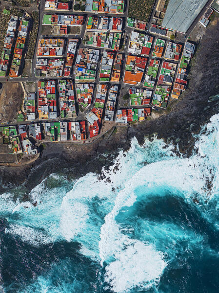 aerial view taken by drone of the coasta village of Los Silos, Tenerife during a sunny day, Tenerife, Canary Island, Spain, Europe