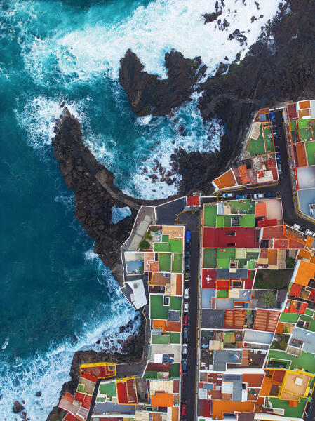 aerial view taken by drone of the coastal village of Punta Brava, during a sunny day, Tenerife, Canary Island, Spain, Europe