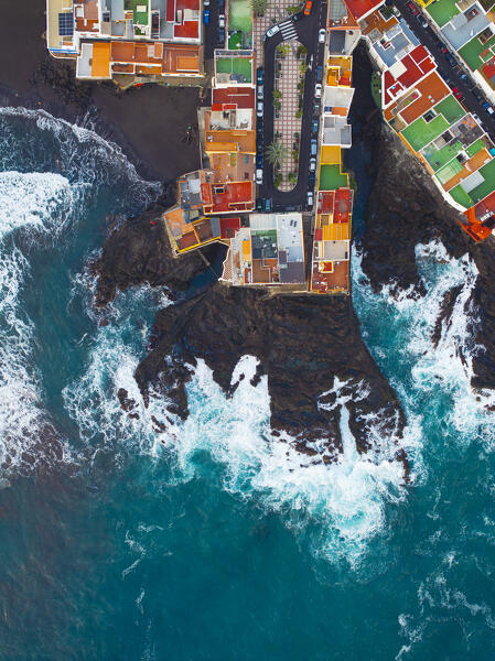 aerial view taken by drone of the coastal village of Punta Brava, during a sunny day, Tenerife, Canary Island, Spain, Europe
