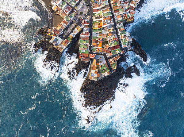 aerial view taken by drone of the coastal village of Punta Brava, during a sunny day, Tenerife, Canary Island, Spain, Europe