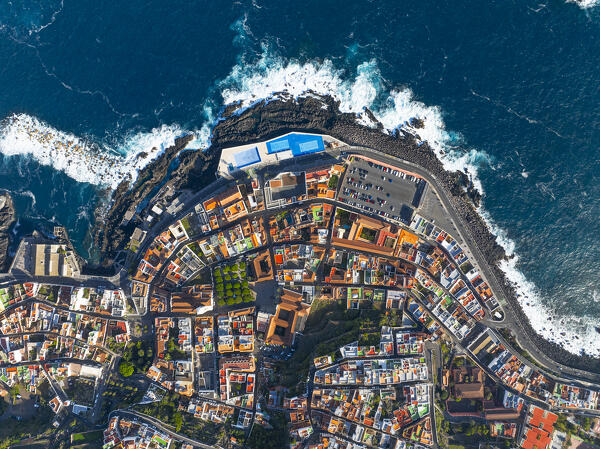 aerial view taken by drone of the coastal village of Garachico, during a beautiful sunny day, Tenerife, Canary Island, Spain, Europe