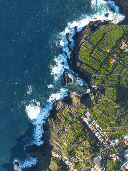 aerial view taken by drone of the coastal village of Garachico, during a beautiful sunny day, Tenerife, Canary Island, Spain, Europe