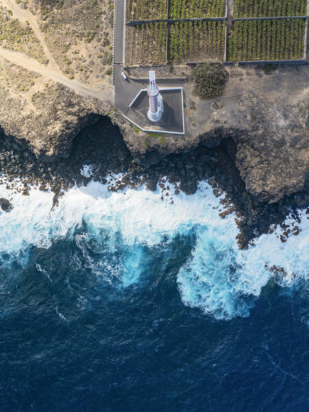 aerial view taken by drone of Buenavista del Norte Lighthouse during a sunny spring day, Tenerife, Canary Island, Spain, Europe