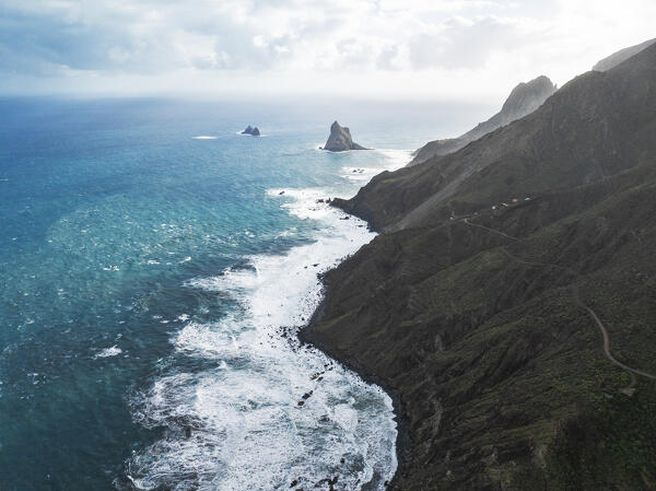 aerial view taken by drone of the Tenerife Northern coast near to  Benijo beach during a sunny day, Tenerife, Canary Island, Spain, Europe