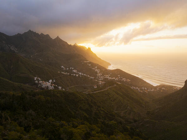 a warm light envelope the little tourist village of Taganana during a spring sunset, Tenerife, Canary Island, Spain, Europe
