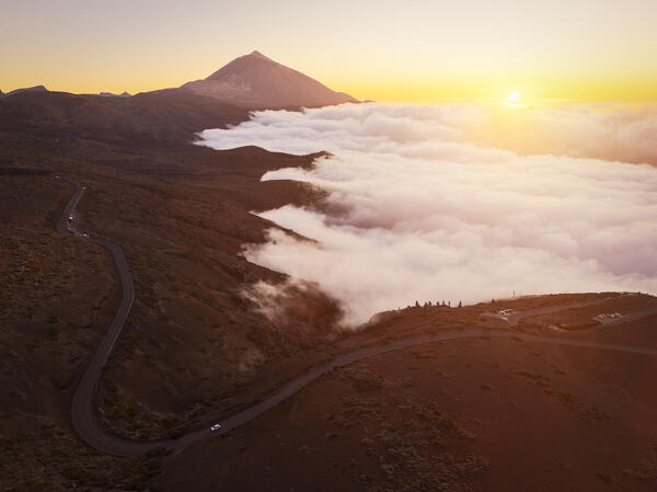 aerial view taken by drone of the volcano Teide during a spring sunset, Teide National Park, Tenerife, Canary Island, Spain, Europe