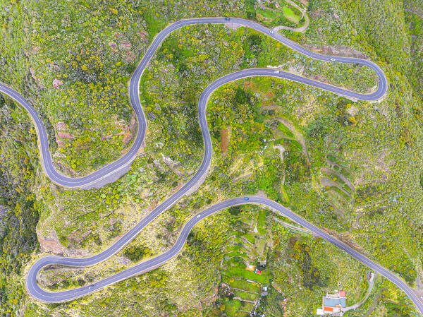 aerial view taken from the drone of cars driving along one of the winding mountain roads during a sunny day, Tenerife, Canary Island, Spain, Europe
