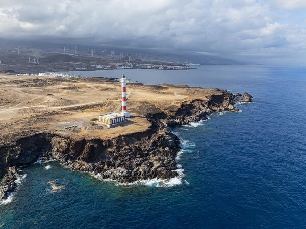 aerial view taken by drone of Faro de Punta de Abona during a spring sunset, Tenerife, Canary Island, Spain, Europe