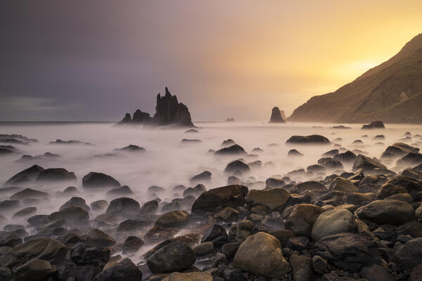 a beautiful sunrise captured by the photographer along Benijo beach, during a spring day, Tenerife, Canary Island, Spain, Europe