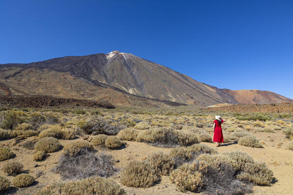 a woman admire the beautiful landscape at El Teide National Park during a sunny spring day, Tenerife, Canary Island, Spain, Europe
