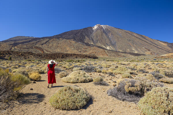 a woman admire the beautiful landscape at El Teide National Park during a sunny spring day, Tenerife, Canary Island, Spain, Europe
