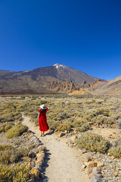 a woman admire the beautiful landscape at El Teide National Park during a sunny spring day, Tenerife, Canary Island, Spain, Europe