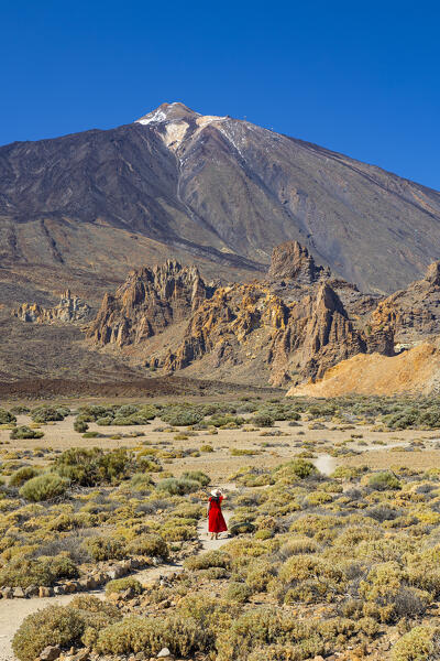 a woman admire the beautiful landscape at El Teide National Park during a sunny spring day, Tenerife, Canary Island, Spain, Europe (MR)