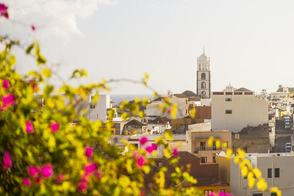 a beautiful warm light envelope the tourist village of Garachico during a sunny spring morning, Tenerife, Canary Island, Spain, Europe
