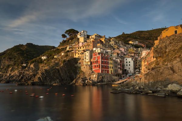 sunset in Riomaggiore, Cinque Terre, municipality of Riomaggiore, La Spezia provence, Liguria, Italy, Europe