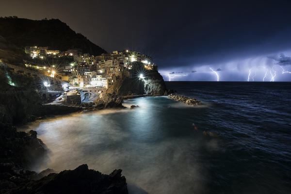 Ligthing in Manarola, Cinque Terre, municipality of Riomaggiore, La Spezia provence, Liguria, Italy, Europe