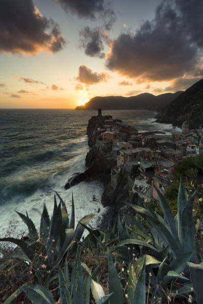 sunset in Vernazza, Cinque Terre, municipality of Vernazza, La Spezia provence, Liguria, Italy, Europe