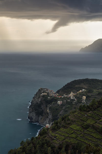 rain arrives on Corniglia, Cinque Terre, municipality of Vernazza, La Spezia provence, Liguria, Italy, Europe