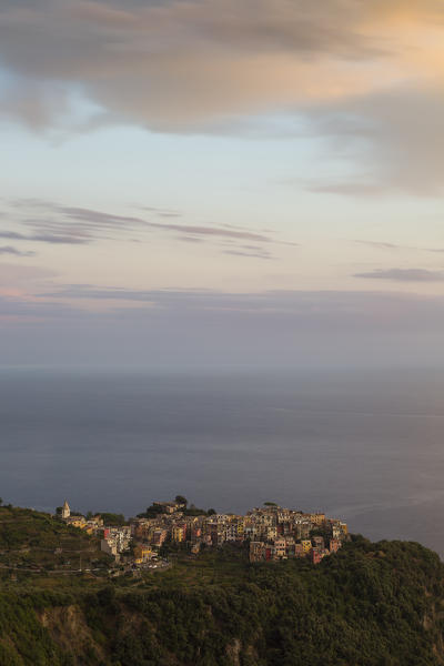 sunset on Corniglia, Cinque Terre, municipality of Vernazza, La Spezia provence, Liguria, Italy, Europe