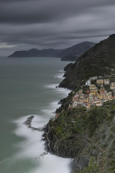 seastorm in Riomaggiore, Cinque Terre, municipality of Riomaggiore, La Spezia provence, Liguria, Italy, Europe