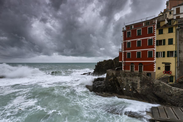 seastorm in Riomaggiore, Cinque Terre, municipality of Riomaggiore, La Spezia provence, Liguria, Italy, Europe