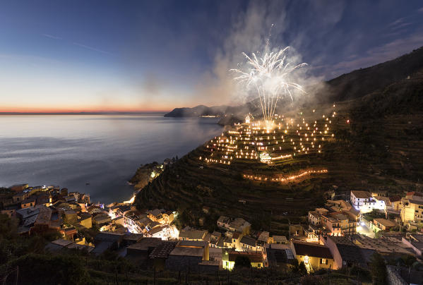 Fireworks in Manarola, Cinque Terre, municipality of Riomaggiore, La Spezia provence, Liguria, Italy, Europe
